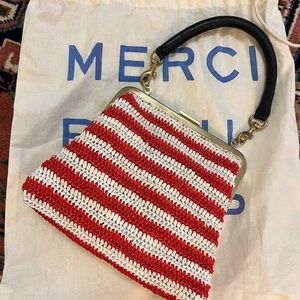 Clare V Flore Raffia Clutch in Red and White Stripes